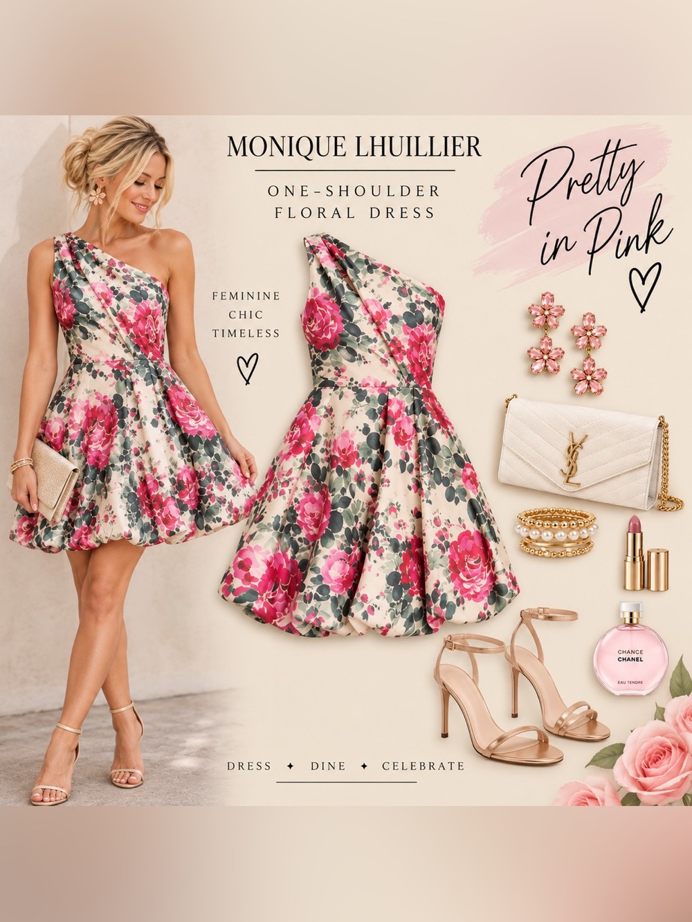 Monique Lhuillier Cream‎ One-Shoulder Floral Dress with Pink Roses-Size 10